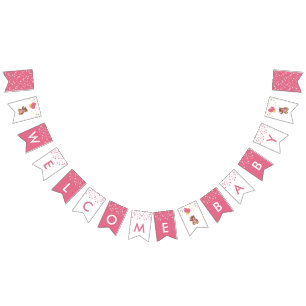 Leuke teddybeer welkom baby meisje roze gouden dou vlaggetjes