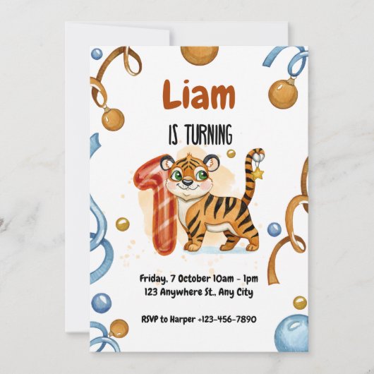 Leuke Tijger 1e Verjaardag Feest Uitnodiging (Voorkant)
