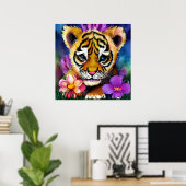 Leuke tijgerwelp omringd door bloemen poster (Thuiskantoor)