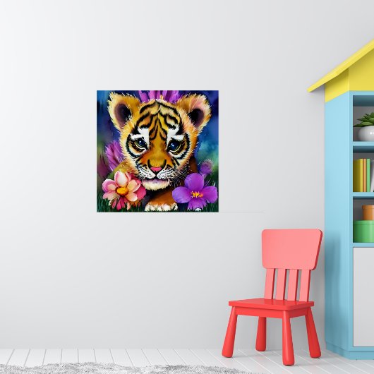 Leuke tijgerwelp omringd door bloemen poster (Kinderkamer 1)