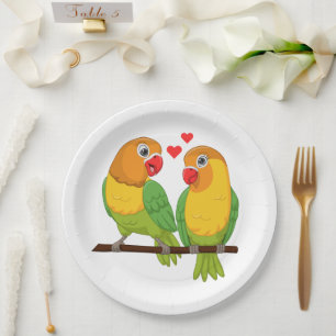 Leuke Tortelduifjes Geel en Groen Lovebirds Bruilo Papieren Bordje