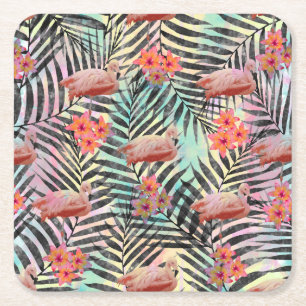 Leuke trendy tropische flamingo's bloemenverf vierkante kartonnen onderzetter