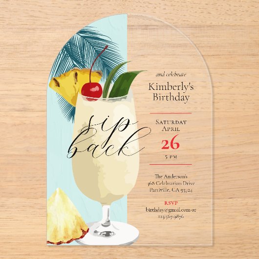 Leuke Tropische Pina Colada Cocktail Verjaardagsfe Acryl Uitnodigingen (Voorkant)