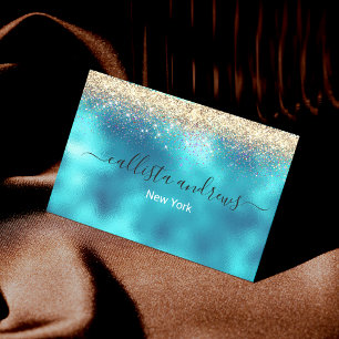 Leuke turquoise gouden faux glitter magnetisch visitekaartje