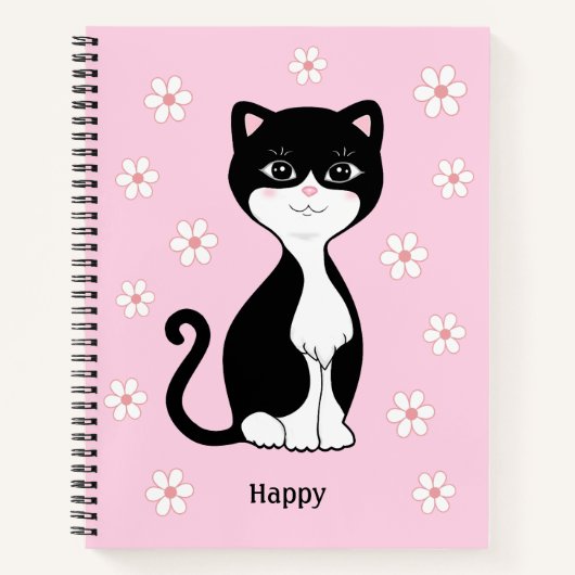 Leuke Tuxedo Kat & Bloemen op Lichtroze Notitieboek (Voorkant)