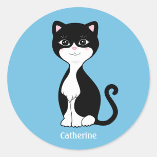 Leuke Tuxedo Kat Cartoon op Lichtblauw Ronde Sticker