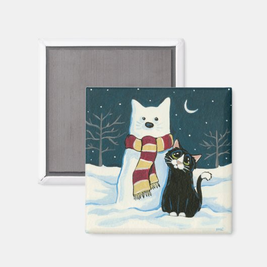 Leuke Tuxedo Kat en Sneeuwman Schilderij Magnet Magneet (Voorkant / Achterkant)