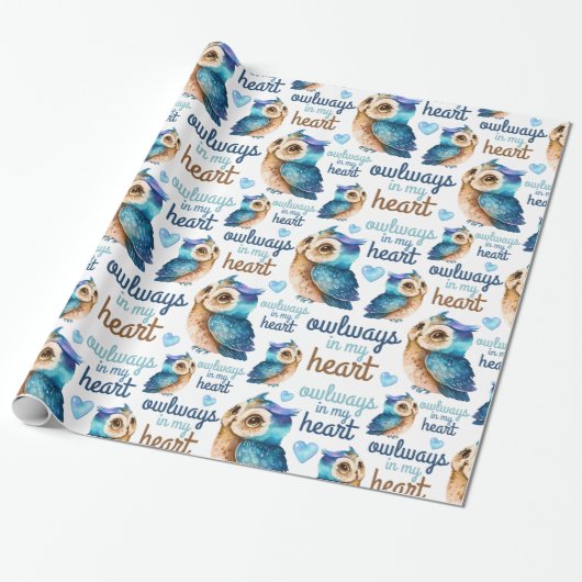 Leuke Uil Blue Love Uilways in mijn hart Cadeaupapier (Uitgerold)