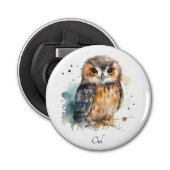 Leuke uil in de waterverf button flesopener (Voorkant)