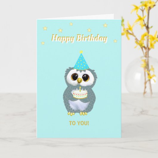 Leuke Uil met Verjaardagstaart en Sterren op Blauw Kaart (Gele Bloem)