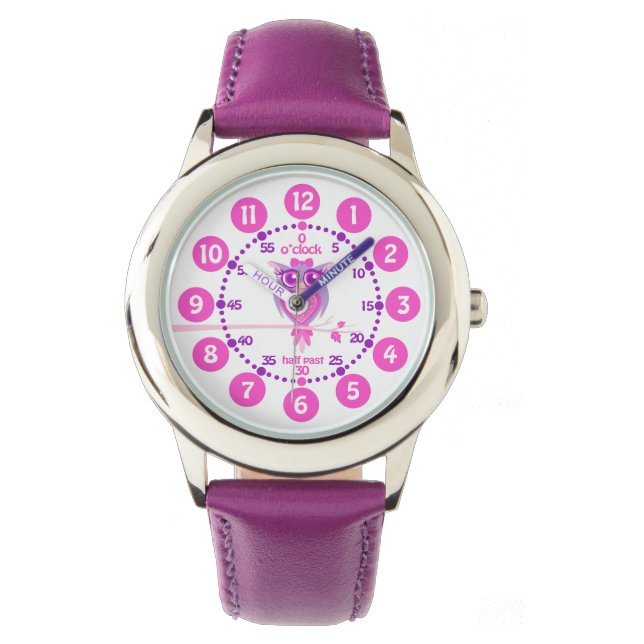 Leuke uil paarse en roze genummerd polshorloge horloge (Voorkant)