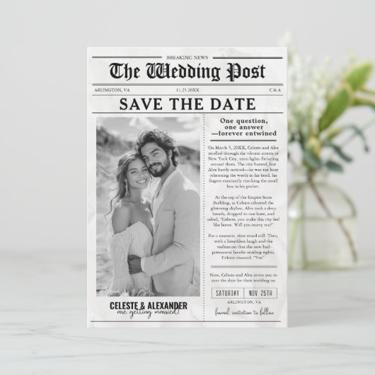 Leuke unieke krant Save the Date Fotobruiloft Kaart (Staand voorkant)