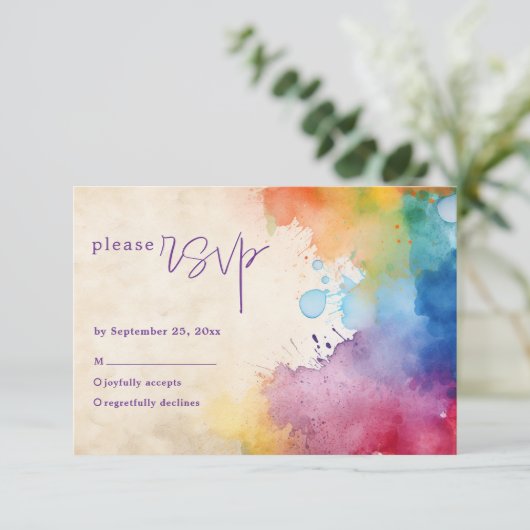 Leuke verf spatten bruiloft rsvp kaart (Staand voorkant)