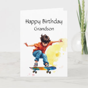 Leuke verjaardag kleinzoon jongen op een skateboar kaart