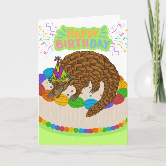 Leuke verjaardag met Pangolin en kleurrijke taart Kaart (Voorkant)