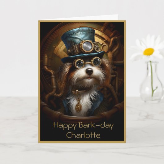 Leuke Verjaardag Steampunk Dog Aangepaste Naam 033 Kaart (Kleine Plant)