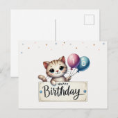 Leuke Verjaardags Kaart met Happy Cat en Ballonnen (Voorkant / Achterkant)