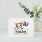 Leuke Verjaardags Kaart met Happy Cat en Ballonnen (Staand voorkant)