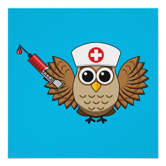 Leuke Verpleegkundige Uil met Spuit Cartoon Perfect Poster (Voorkant)