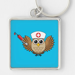 Leuke Verpleegkundige Uil met Spuit Cartoon Sleutelhanger