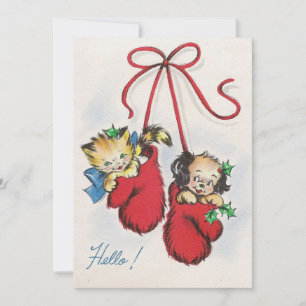 Leuke vintage kerstkitten in bokshandschoenen feestdagenkaart