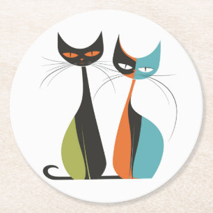 Leuke Vintage Retro MCM Katten Turquoise Oranje Zw Ronde Kartonnen Onderzetter