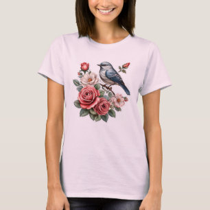 Leuke vogel en bloemen t-shirt