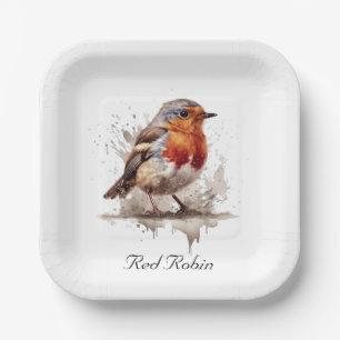 Leuke vogelrode robin in de waterverf papieren bordje