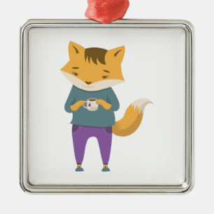 Leuke vos met kopje thee metalen ornament