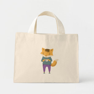 Leuke vos met kopje thee mini tote bag