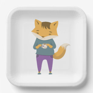 Leuke vos met kopje thee papieren bordje