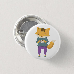 Leuke vos met kopje thee ronde button 3,2 cm
