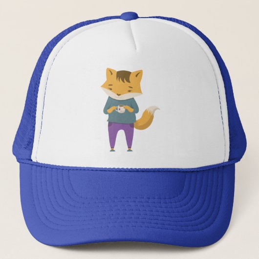 Leuke vos met kopje thee trucker pet (Voorkant)
