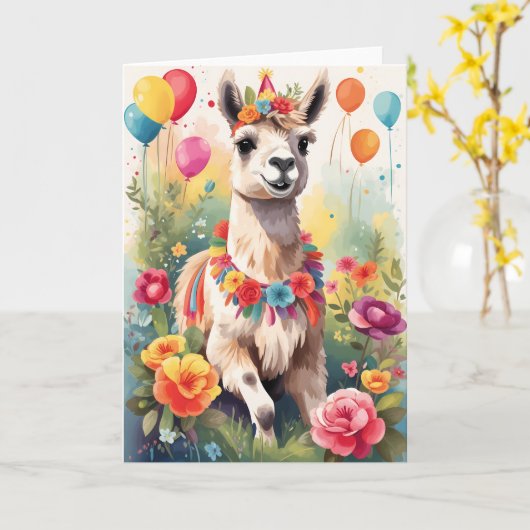 Leuke, vreugdevolle Llama buiten vieren | KAART (Gele Bloem)