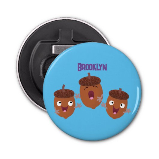 Leuke vrolijke eikels zingen cartoon voor kinderen button flesopener (Voorkant)