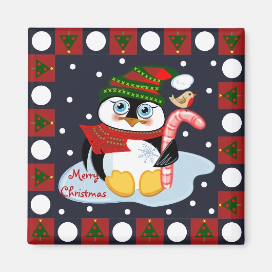 Leuke vrolijke kerstmagneet met Penguin en Robin Magneet (Voorkant)