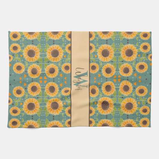 Leuke vrolijke zonnebloem aangepaste naam Initiaal Theedoek (Horizontaal)