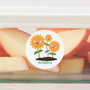 Leuke vrolijke zonnebloemen lachende cartoon labels