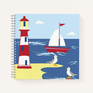 Leuke vuurtoren en boot kunst aan zee notitieboek