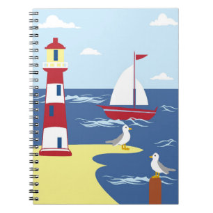 Leuke vuurtoren en boot kunst aan zee notitieboek
