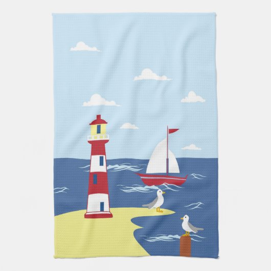 Leuke vuurtoren en boot kunst aan zee theedoek (Verticaal)