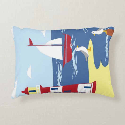 Leuke vuurtoren en boot kust illustratie accent kussen (Voorkant)