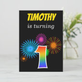 Leuke Vuurwerk + Regenboog Patroon "1" Verjaardag Kaart (Staand voorkant)