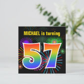 Leuke vuurwerk + regenboogpatroon "57" verjaardag kaart (Staand voorkant)