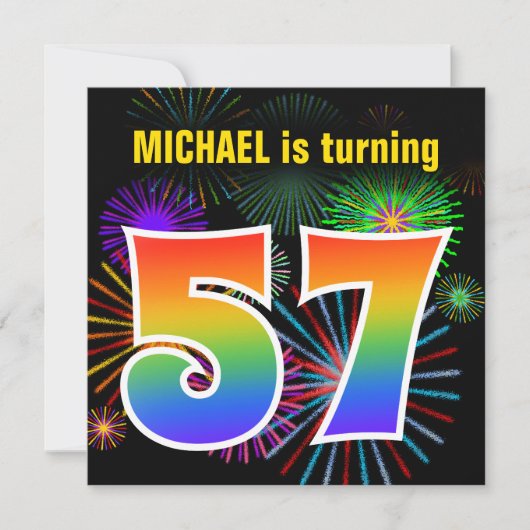 Leuke vuurwerk + regenboogpatroon "57" verjaardag kaart (Voorkant)