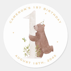 Leuke Waterverf Beer Woodland eerste verjaardagsfe Ronde Sticker