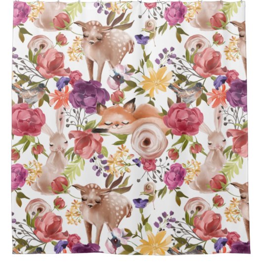 Leuke Waterverf bosdieren bloemig Douchegordijn (Voorkant)