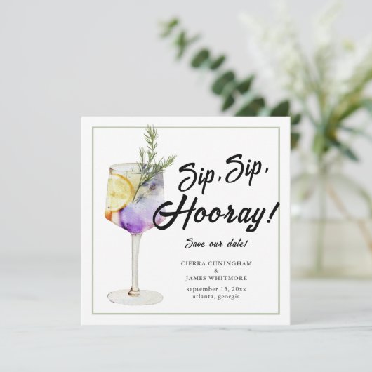Leuke Waterverf Cocktail Sip Hooray Bruiloft Save The Date (Staand voorkant)
