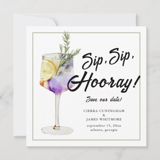 Leuke Waterverf Cocktail Sip Hooray Bruiloft Save The Date (Voorkant)