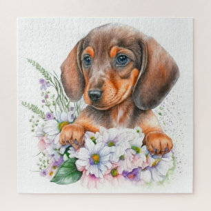Leuke Waterverf Floral Dachshund Puppy Dog Legpuzzel